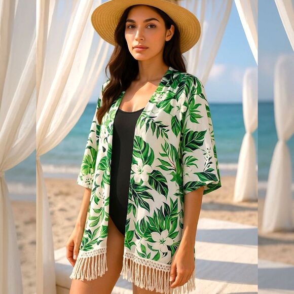 Anandas Collection Green Floral Kimono Cover Up Fringe Hem Free Size Resortwear - Picture 1 of 10
